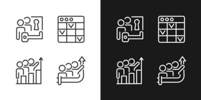 Team project pixel perfect linear icons set for dark, light mode. Problem solving. Task management. Common goal. Thin line symbols for night, day theme. Isolated illustrations. Editable stroke vector
