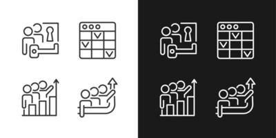 Team project pixel perfect linear icons set for dark, light mode. Problem solving. Task management. Common goal. Thin line symbols for night, day theme. Isolated illustrations. Editable stroke vector