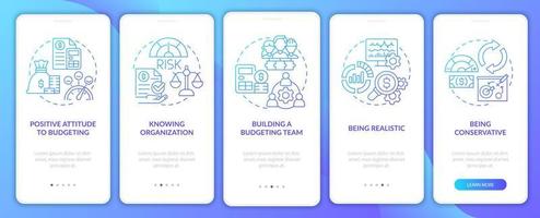 Budgeting blue gradient onboarding mobile app screen. Financial plan walkthrough 5 steps graphic instructions pages with linear concepts. UI, UX, GUI template. Myriad Pro-Bold, Regular fonts used vector