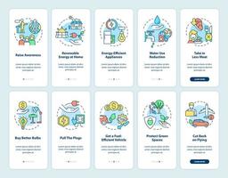 Conjunto de pantalla de aplicación móvil de incorporación de cambio climático y calentamiento global. tutorial 5 pasos páginas de instrucciones gráficas con conceptos lineales. interfaz de usuario, ux, plantilla de interfaz gráfica de usuario. innumerables fuentes pro-negrita y regulares utilizadas vector