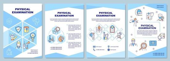 Physical examination brochure template. Medical inspection, testing. Flyer, booklet, leaflet print, cover design with linear icons. Vector layouts for presentation, annual reports, advertisement pages