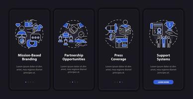Advantages for social entrepreneurship dark onboarding mobile app page screen. Walkthrough 4 steps graphic instructions with concepts. UI, UX, GUI vector template with linear night mode illustrations