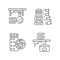 conjunto de iconos lineales del equipo de masaje de espalda. mesa portátil. tapete de acupresión y almohadilla vibratoria. Símbolos de contorno de línea delgada personalizables. ilustraciones aisladas de contorno vectorial. trazo editable vector