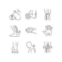 conjunto de iconos lineales de problemas conjuntos. dolores musculares. rigidez de los tendones. esguince de ligamento síntomas de la artritis. símbolos de contorno de línea fina personalizables. ilustraciones aisladas de contorno vectorial. trazo editable vector