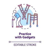 Practice with gadgets concept icon. Assistive devices for walking aid. Rehab euipment. Physiotherapy abstract idea thin line illustration. Vector isolated outline color drawing. Editable stroke