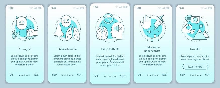 plantilla de vector de pantalla de página de aplicación móvil de incorporación de gestión de ira. respira, para a pensar, tranquilo. paso a paso del sitio web con ilustraciones lineales. ux, ui, concepto de interfaz de teléfono inteligente gui