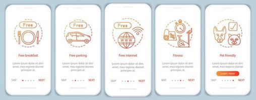 instalaciones y servicios del hotel que incorporan la plantilla de vector de pantalla de la página de la aplicación móvil. Pasos del sitio web del recorrido de las comodidades de la habitación con ilustraciones lineales. todo incluido. ux, ui, interfaz de teléfono inteligente gui