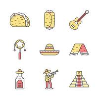 Mexican color icons set. Cinco de Mayo. Traditional food, drink, music, clothes, attractions. Taco, burrito, guitar, drum, man with trumpet, pyramid, sombrero, serape. Isolated vector illustrations