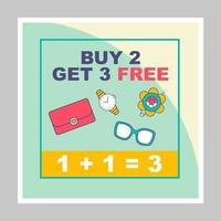 Buy two get three social media posts mockup. Special offer. Advertising web banner design template. Social media booster, content layout. Isolated promotion border, frame with headlines, linear icons vector