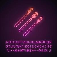 Disposable mascara wands neon light icon. Eyelashes brush types. Lash spooler. Eyelash extension applicator. Makeup tool. Glowing sign with alphabet, numbers and symbols. Vector isolated illustration