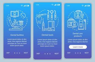 plantilla de vector de pantalla de página de aplicación móvil de incorporación de cosas dentales. odontología. Higiene y terapia dental. paso a paso del sitio web con ilustraciones lineales. ux, ui, concepto de interfaz de teléfono inteligente gui