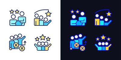 Group achievement pixel perfect light and dark theme color icons set. Stategy planning. Simple filled line drawings. Bright cliparts on white and black. Editable stroke. Quicksand-Light font used vector