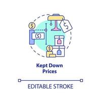 Kept down prices concept icon. Discount and prices deduction. Market economy pros abstract idea thin line illustration. Isolated outline drawing. Editable stroke. Arial, Myriad Pro-Bold fonts used vector