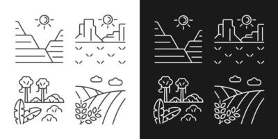 Landforms linear icons set for dark and light mode. Sediment and rock land formation. Jungle and rainforest. Customizable thin line symbols. Isolated vector outline illustrations. Editable stroke