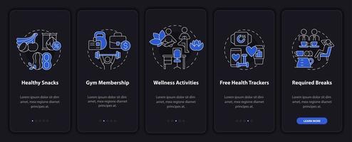 Worker wellbeing perks onboarding mobile app page screen. Walkthrough 5 steps graphic instructions with linear concepts. UI, UX, GUI template. Night mode. Myriad Pro-Bold, Regular fonts used vector