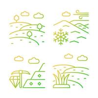 Land diversity gradient linear vector icons set. Natural ground elevation. Minerals mining industry. Perennial ice and snow. Thin line contour symbols bundle. Isolated outline illustrations collection