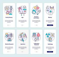 Arthritis onboarding mobile app page screen set. Risk factors and prevention walkthrough 4 steps graphic instructions with concepts. UI, UX, GUI vector template with linear color illustrations