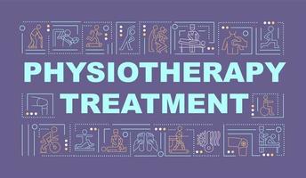 Physiotherapy treatment purple word concepts banner. Physical health. Infographics with linear icons on green background. Isolated creative typography. Vector outline color illustration with text