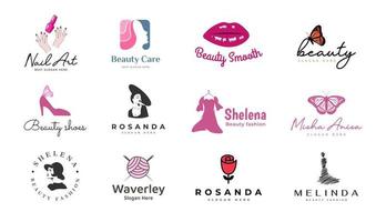 set of beauty fashion icon cosmetic, boutique, glamour, feminine, make up, jewelry, woman care logo design. vector