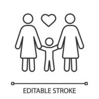 Lesbian family linear icon. Thin line illustration. Same sex parenting. Two moms with child. Lesbian adoption. LGBT parents. Contour symbol. Vector isolated outline drawing. Editable stroke