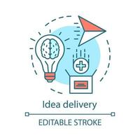 Idea delivery concept icon.  Paper airplane, light bulb. Innovation. Solution search. Brainstorming idea thin line illustration. Vector isolated outline drawing. Editable stroke