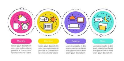 plantilla de infografía vectorial de período de tiempo. mañana, día, tarde, noche. elementos de presentación de negocios. dormir, trabajar, descansar. pasos y opciones de visualización de datos. gráfico de línea de tiempo del proceso. diseño de flujo de trabajo vector