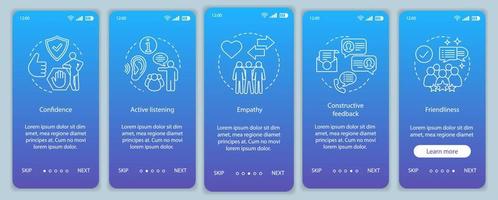 Communication skills onboarding mobile app page screen vector template. Personal qualities. Listening, friendliness, empathy walkthrough website steps. UX, UI, GUI smartphone interface concept