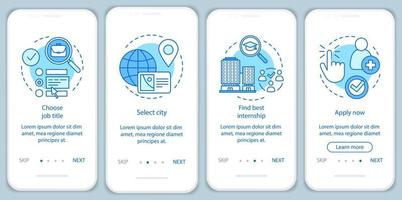 Internship program onboarding mobile app page screen vector template. Student practice. Work searching software. Walkthrough website step, linear illustration. UX, UI, GUI smartphone interface concept