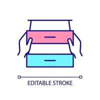 Checking drawers RGB color icon. Storage solutions. Organizing products and clothes. Furniture for office. Isolated vector illustration. Simple filled line drawing. Editable stroke. Arial font used