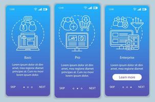 Digital marketing tools subscription onboarding mobile app page screen vector template. Walkthrough website steps with linear illustrations. Basic tariff. UX, UI, GUI smartphone interface concept