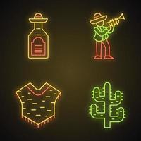 Mexican culture neon light icons set. National drink, music, clothes, plant. Tequila, musician with trumpet, poncho, saguaro cactus. Glowing signs. Vector isolated illustrations