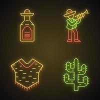 conjunto de iconos de luz de neón de la cultura mexicana. bebida nacional, música, ropa, planta. tequila, músico con trompeta, poncho, cacto saguaro. señales brillantes. Ilustraciones de vectores aislados