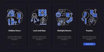 La sala de escape atribuye el modo nocturno a la pantalla de la aplicación móvil. tutorial 4 pasos páginas de instrucciones gráficas con conceptos lineales. interfaz de usuario, ux, plantilla de interfaz gráfica de usuario. innumerables fuentes pro-negrita y regulares utilizadas vector