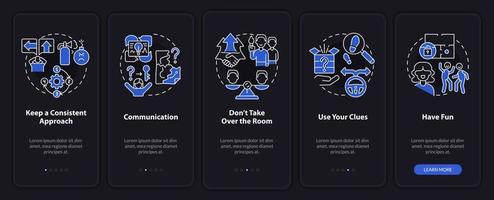 Escape room winning approaches night mode onboarding mobile app screen. Walkthrough 5 steps graphic instructions pages with linear concepts. UI, UX, GUI template. Myriad Pro-Bold, Regular fonts used vector