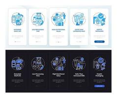 Advantages of UHT milk night and day mode onboarding mobile app screen. Walkthrough 5 steps graphic instructions pages with linear concepts. UI, UX, GUI template. Myriad Pro-Bold, Regular fonts used vector