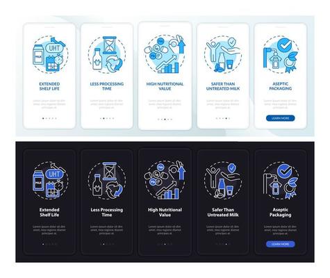 Advantages of UHT milk night and day mode onboarding mobile app screen. Walkthrough 5 steps graphic instructions pages with linear concepts. UI, UX, GUI template. Myriad Pro-Bold, Regular fonts used