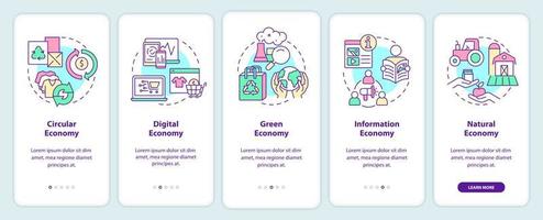 Economy models onboarding mobile app screen. Marketing strategy walkthrough 5 steps graphic instructions pages with linear concepts. UI, UX, GUI template. Myriad Pro-Bold, Regular fonts used vector