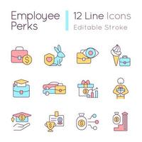 Non-wage offerings for workers RGB color icons set. Additional company benefits. Isolated vector illustrations. Simple filled line drawings collection. Editable stroke. Quicksand-Light font used