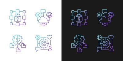 Digital inclusion gradient icons set for dark and light mode. Cloud computing. Machine learning. Thin line contour symbols bundle. Isolated vector outline illustrations collection on black and white