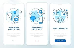 Home automation devices blue onboarding mobile app screen. Smoke detector walkthrough 3 steps graphic instructions pages with linear concepts. UI, UX, GUI template. Myriad Pro-Bold, Regular fonts used vector