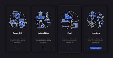 Nonrenewable energy onboarding mobile app page screen. Ecology walkthrough 4 steps graphic instructions with linear concepts. UI, UX, GUI template. Night mode. Myriad Pro-Bold, Regular fonts used vector