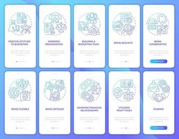 Financial business plan blue gradient onboarding mobile app screen set. Walkthrough 5 steps graphic instructions pages with linear concepts. UI, UX, GUI template. Myriad Pro-Bold, Regular fonts used vector