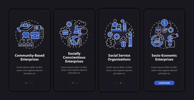 Social entrepreneur focus dark onboarding mobile app page screen. Walkthrough 4 steps graphic instructions with concepts. UI, UX, GUI vector template with linear night mode illustrations