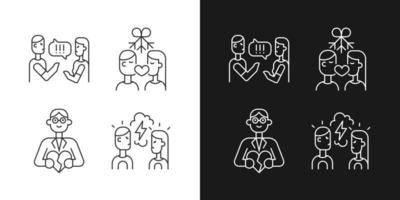 Fighting in relationship linear icons set for dark and light mode. Healthy romantic relation. Family consultant. Customizable thin line symbols. Isolated vector outline illustrations. Editable stroke