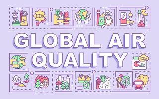 banner de conceptos de palabras de calidad del aire global. riesgo ambiental para la salud. infografías con iconos lineales sobre fondo morado. tipografía creativa aislada. ilustración de color de contorno vectorial con texto vector