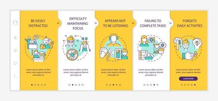 Inattentiveness symptoms onboarding vector template. Responsive mobile website with icons. Web page walkthrough 5 step screens. Being easily distracted color concept with linear illustrations