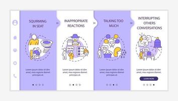 Hyperactive impulsive ADHD signs onboarding vector template. Responsive mobile website with icons. Web page walkthrough 4 step screens. Interrupt conversations color concept with linear illustrations