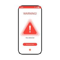 Antivirus app smartphone interface vector template. Mobile security application white page design layout. Virus detected warning message on screen display. Flat UI. Malware phone protection software