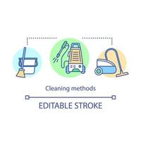 Cleaning methods concept icon. Dry, steam cleaner idea thin line illustration. Pressure washing. Acoustic cleaning. Hydro-jet cleaning. Vacuuming, mopping. Vector isolated drawing. Editable stroke