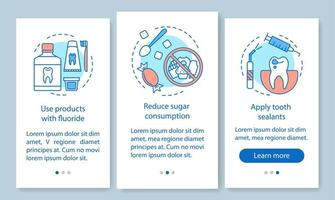 prevención de caries incorporando la pantalla de la página de la aplicación móvil con conceptos lineales. reducir la probabilidad de enfermedades dentales paso a paso instrucciones gráficas. ux, ui, plantilla vectorial gui con ilustraciones vector